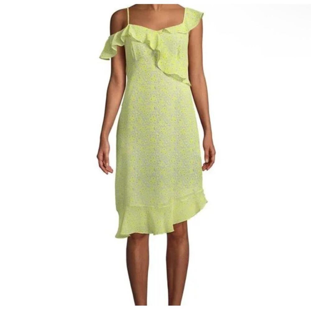 NEW-NWT Nanette Lepore Yellow Floral Ruffle Asymmetrical Midi Dress Size 8